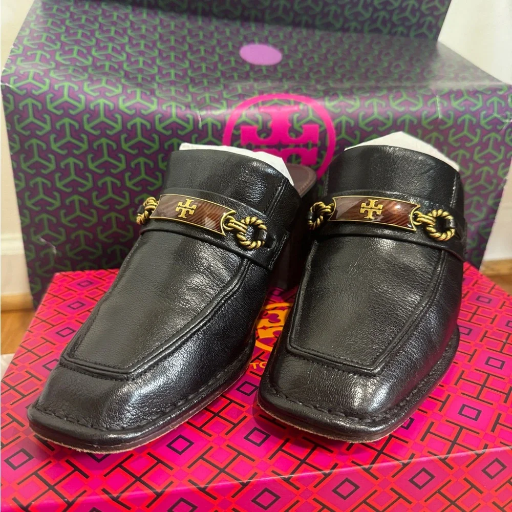Tory Burch Black Leather Slip-On Mules with Gold-Tone Logo Hardware